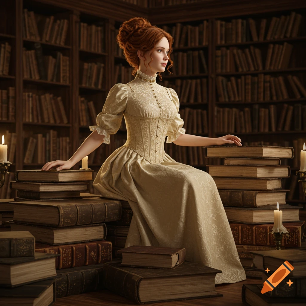 A woman in a cream historical dress sits among piles of old books in a dimly lit library.