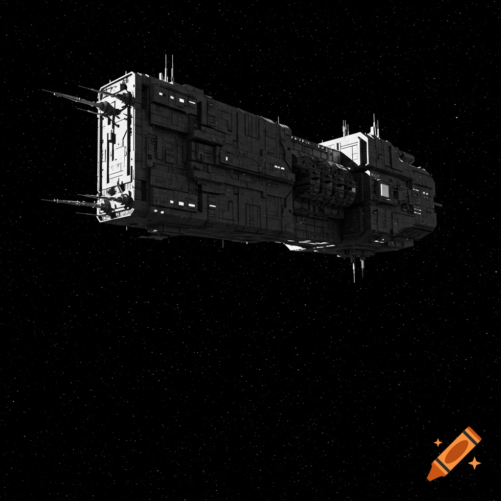 A black and white image of a large, boxy space freighter floating in deep space with distant stars.
