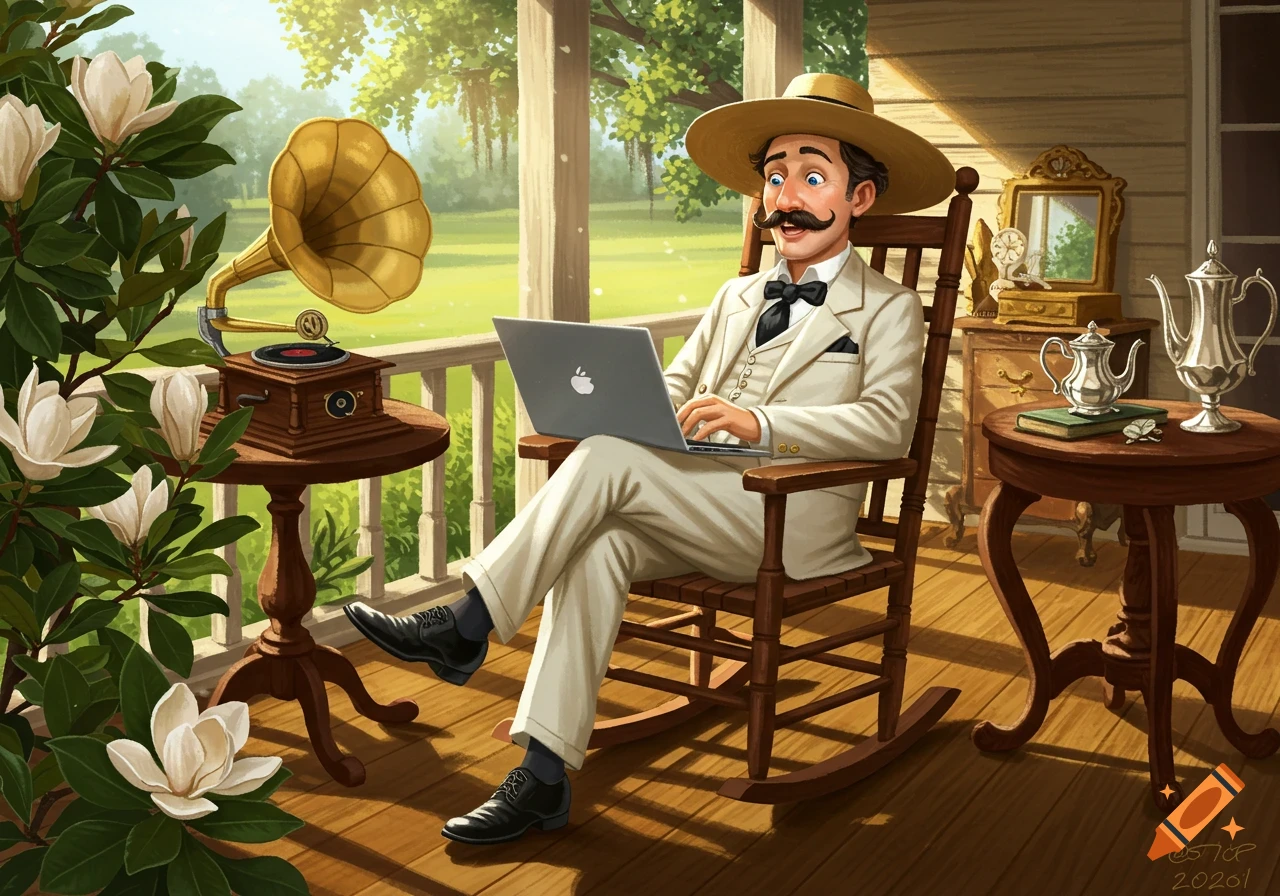 A smiling, mustachioed man in a straw hat and white suit sits on a porch rocking chair, using a laptop. A gramophone and magnolia flowers are nearby, in a sunny illustration.