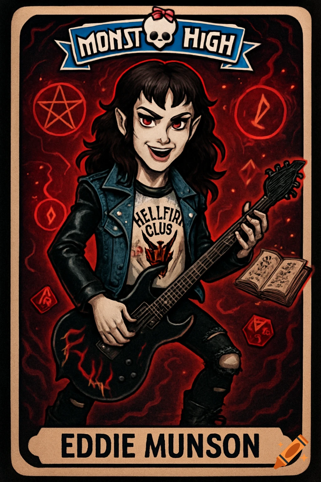 A stylized Monster High character card featuring Eddie Munson from Stranger Things, depicted as a punk rock vampire playing a guitar. The background is red with occult symbols, an open book, and D20 dice. He wears a denim vest over a leather jacket, a "Hellfire Club" t-shirt, and ripped jeans.