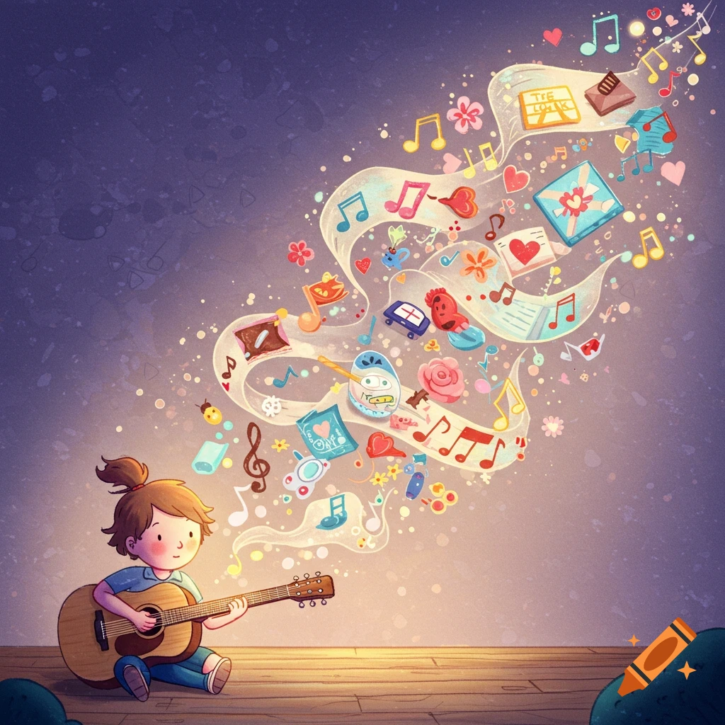 Whimsical illustration of a child playing an acoustic guitar, with musical notes, hearts, flowers, and items flowing from it.