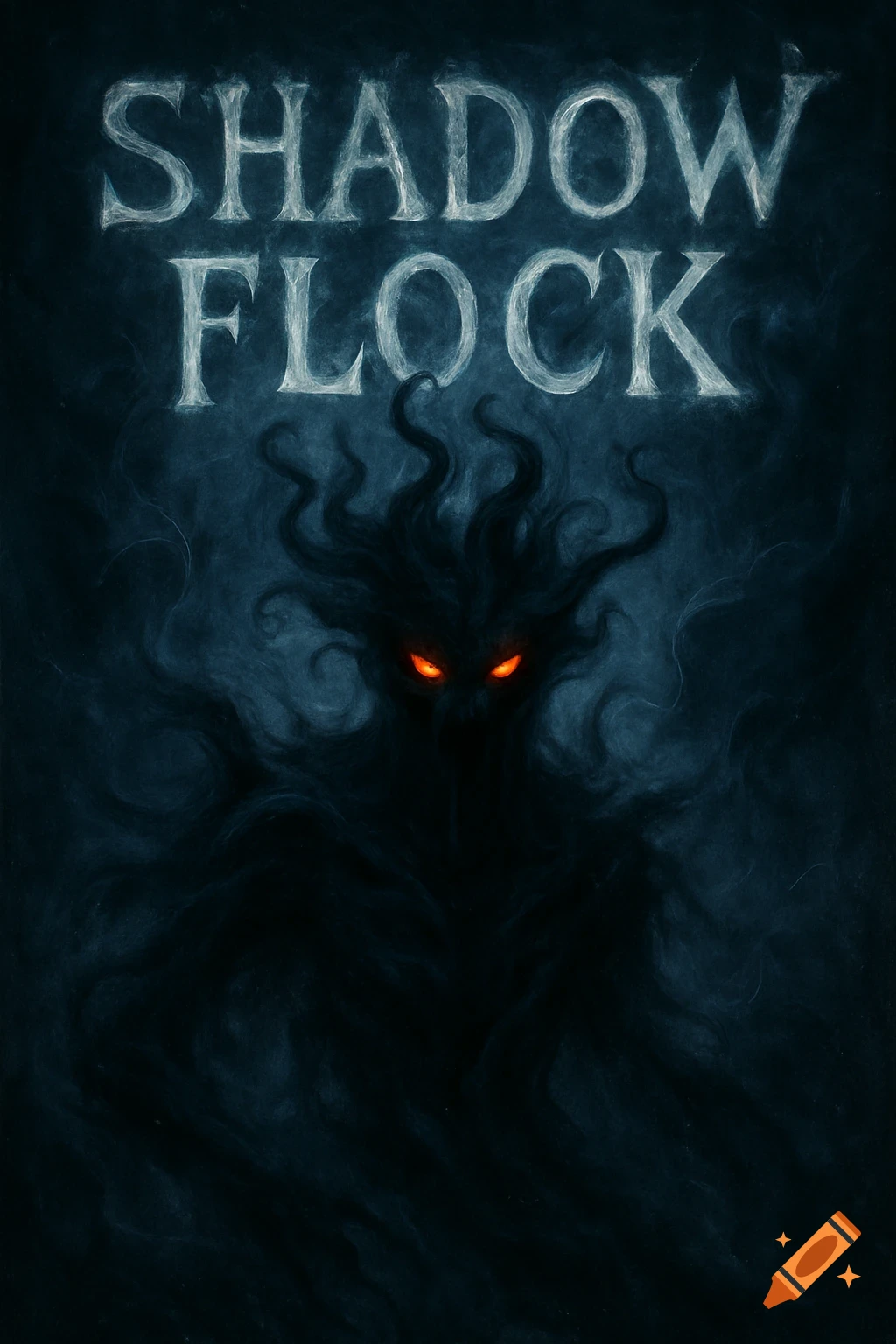 A dark, shadowy monster with glowing red eyes and swirling tendrils, with the words "SHADOW FLOCK" above in a gothic style.