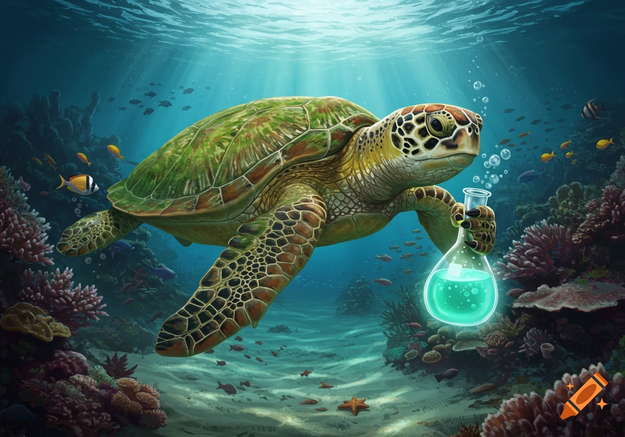 A sea turtle swims underwater, holding an glowing green Erlenmeyer flask amidst coral and fish.