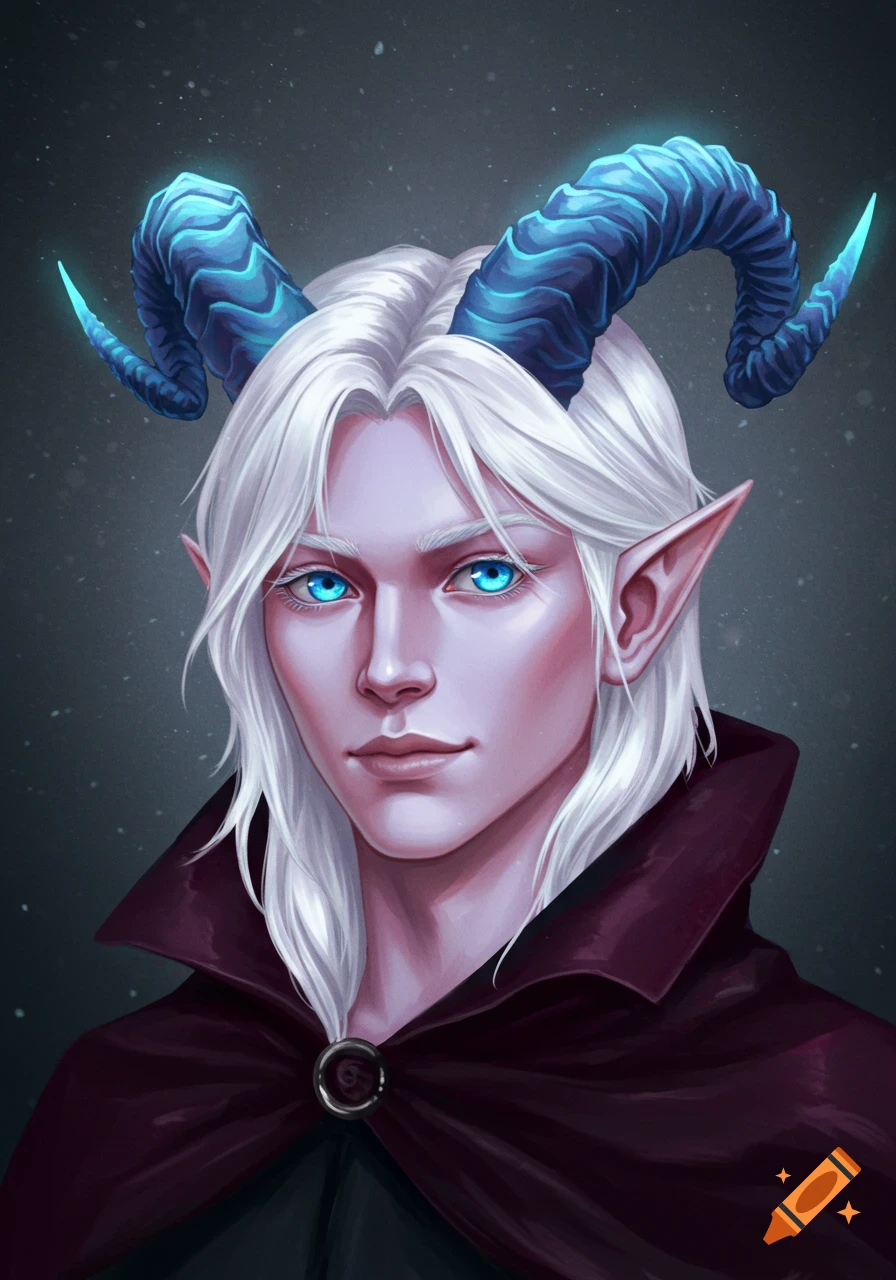 A male fantasy character with white hair, glowing blue eyes, and glowing blue horns, wearing a dark cape.