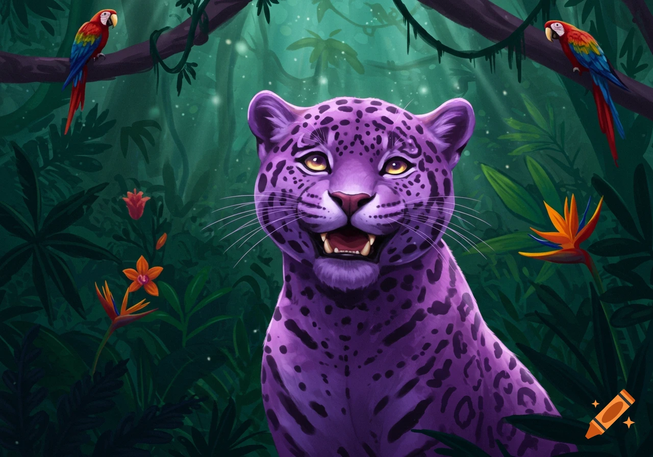 Illustrated purple jaguar with a happy face in a lush jungle, flanked by two colorful parrots and tropical flowers.