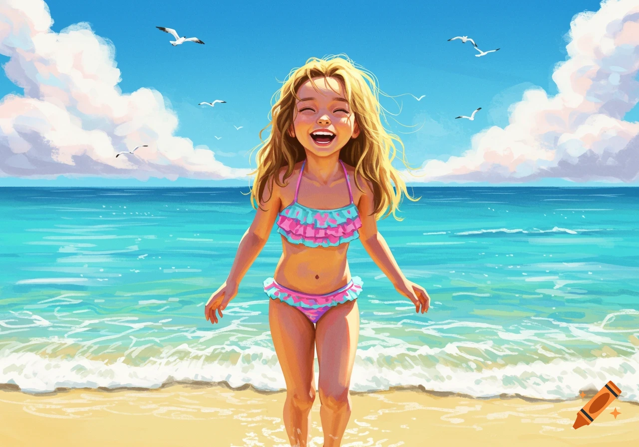 Vibrant illustration of a happy blonde girl in a pink and blue swimsuit smiling at a sunny beach with waves and seagulls.