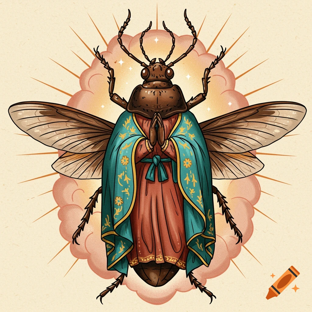 A palmetto bug dressed as the Virgin Mary, with praying hands and a teal and gold robe, in a traditional tattoo illustration style.