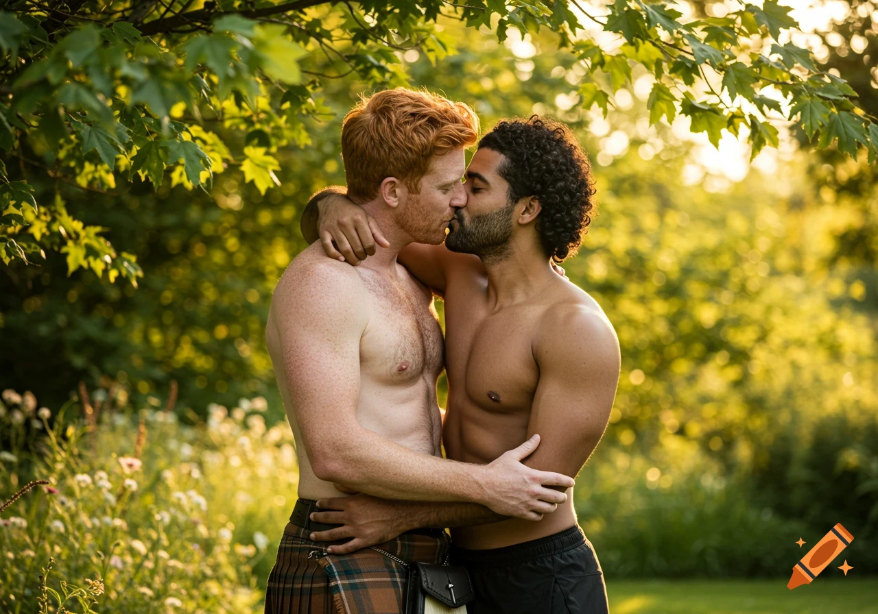 Two shirtless men, one ginger in a kilt, the other with curly hair, embrace and kiss outdoors amidst lush green foliage.