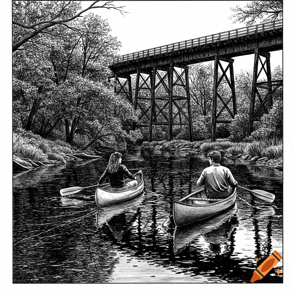 Black and white illustration of a couple canoeing on a river beneath a large wooden trestle bridge, surrounded by dense trees.