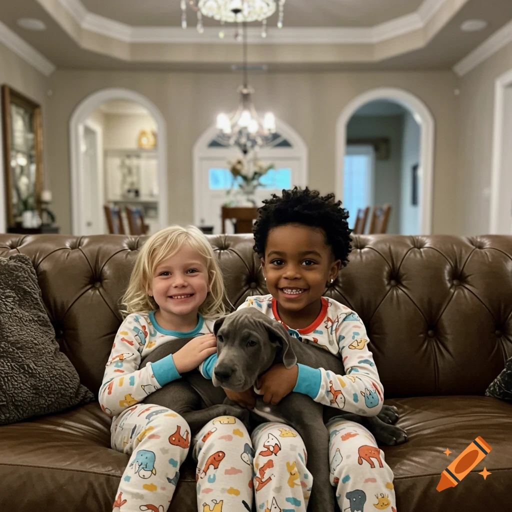 Two smiling children in pajamas sit on a brown couch with a grey puppy in a mansion living room. Photorealistic style.