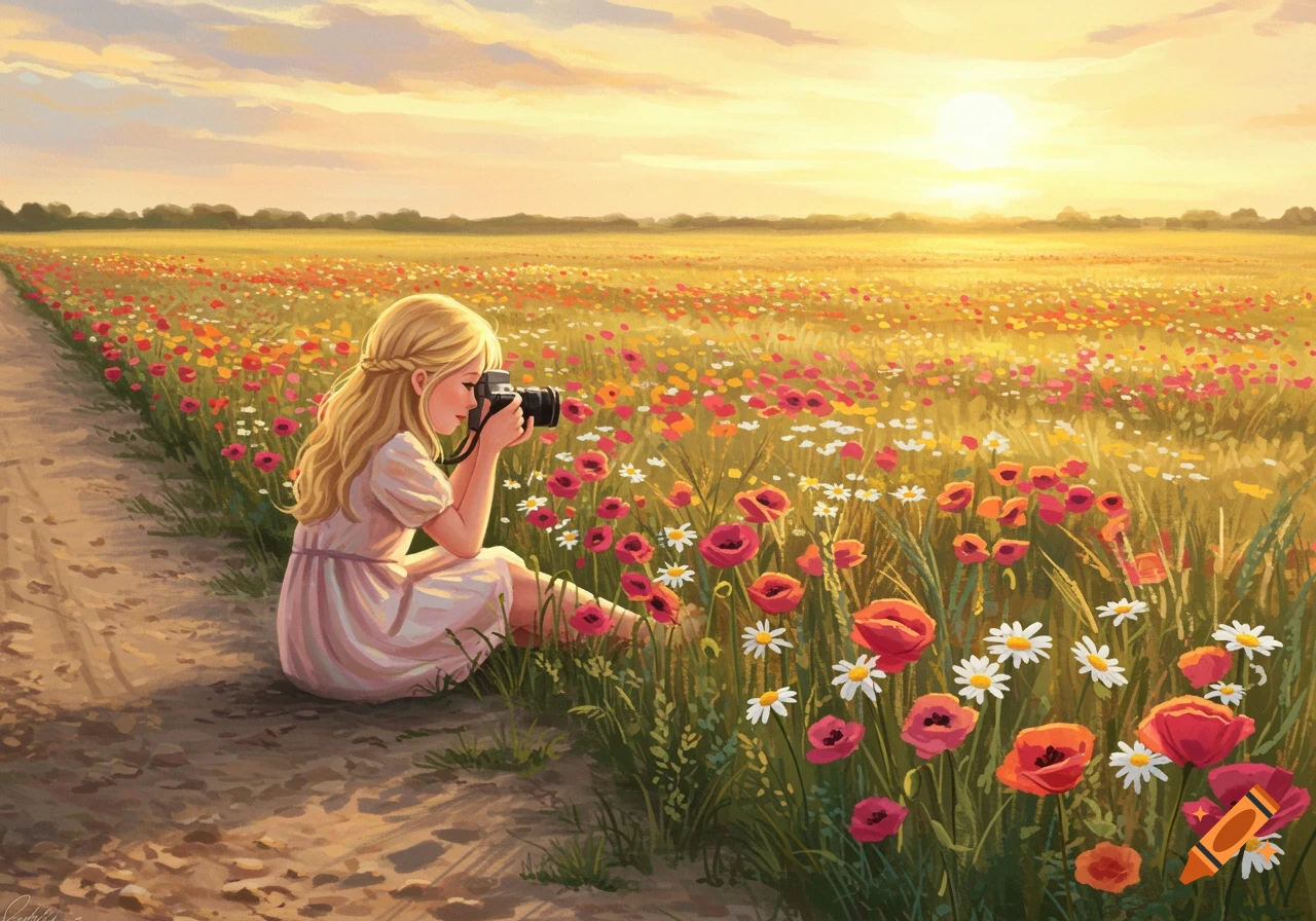 A blonde girl in a dress sits by a dirt path in a vibrant wildflower field, holding a camera to photograph the sunset.