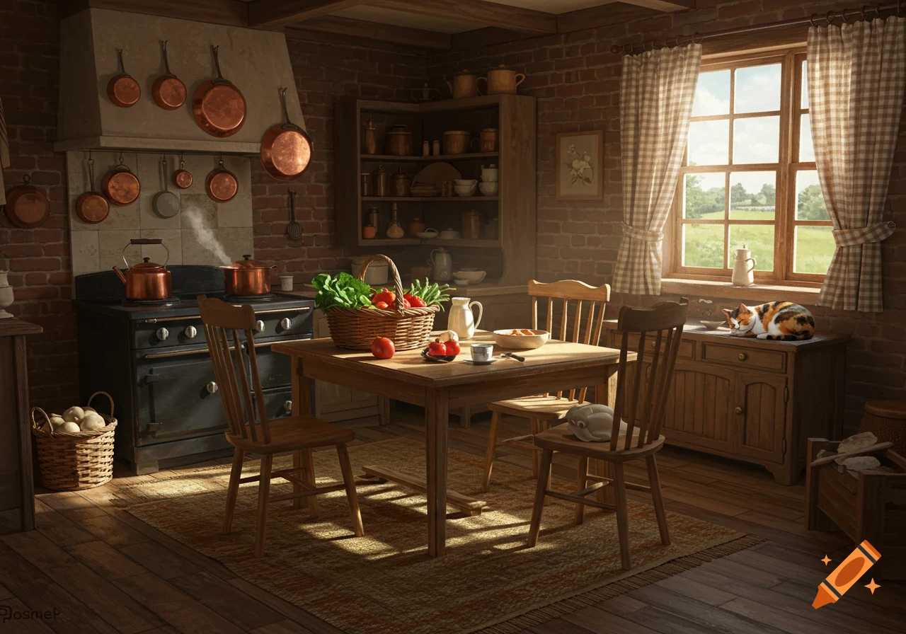 A cozy rustic kitchen with a wooden table, stove, window looking out to a field, and two cats sleeping.