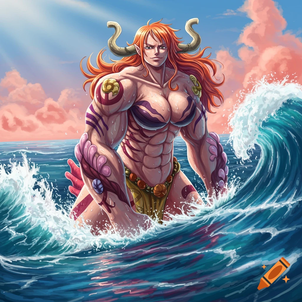 A muscular, orange-haired female character with horns and a bikini stands in the ocean with waves.