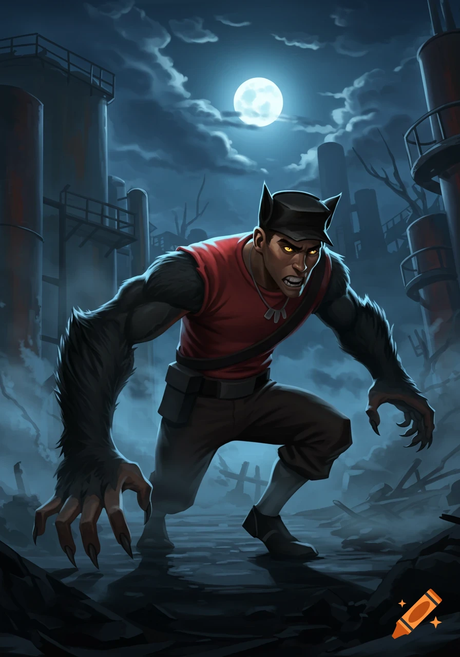 Stylized illustration of Werewolf Scout from Team Fortress 2 crouching in a dark, desolate industrial area under a full moon.
