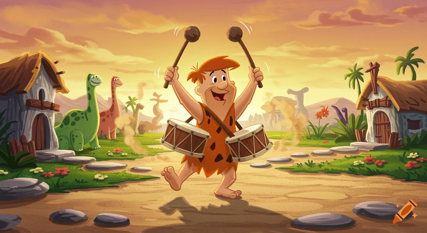 Cartoon Fred Flintstone joyfully playing drums while dancing in a prehistoric village with dinosaurs and huts under an orange sky.