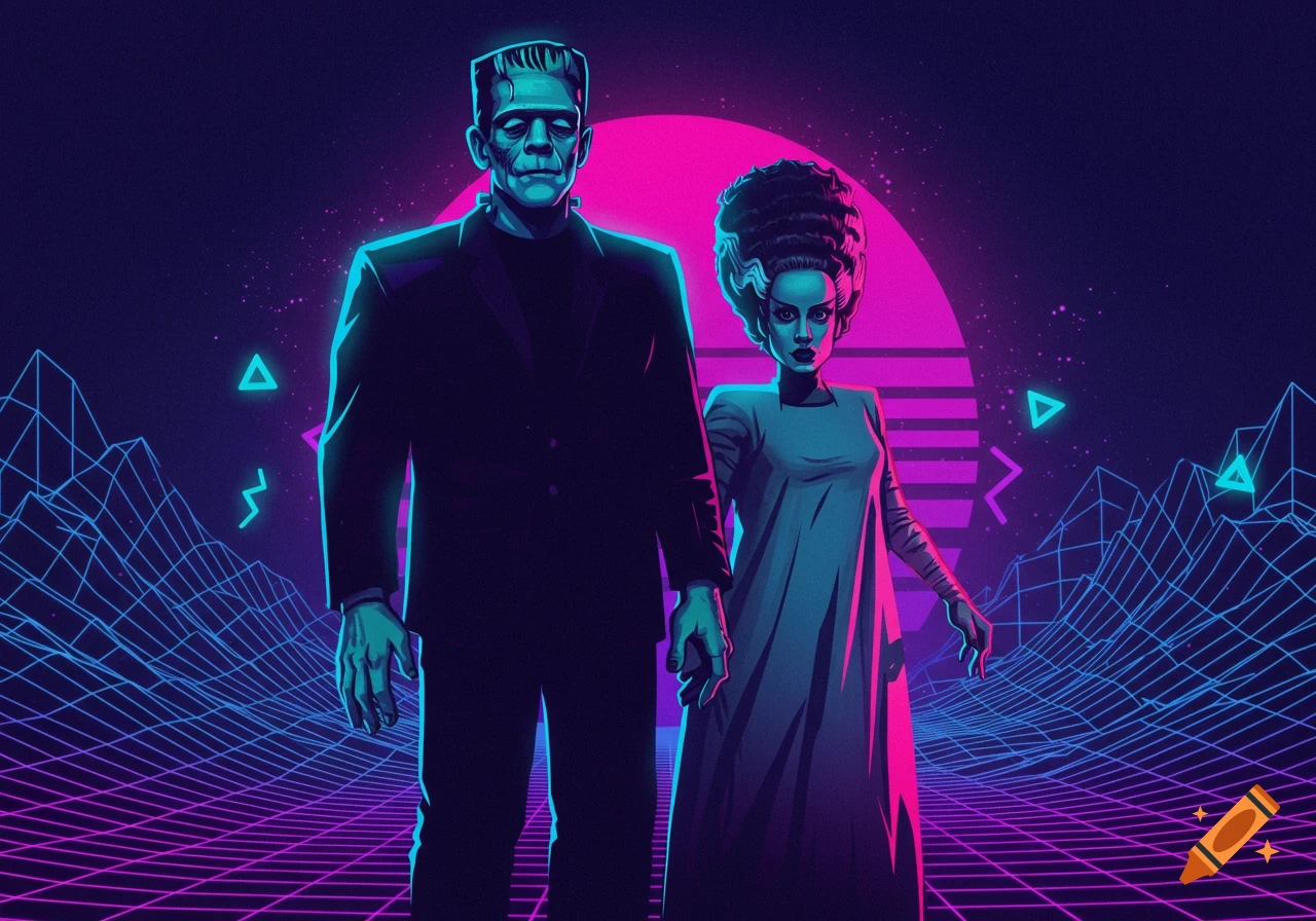 Frankenstein's monster and Bride of Frankenstein stand in a neon synthwave landscape with a grid floor and geometric shapes.