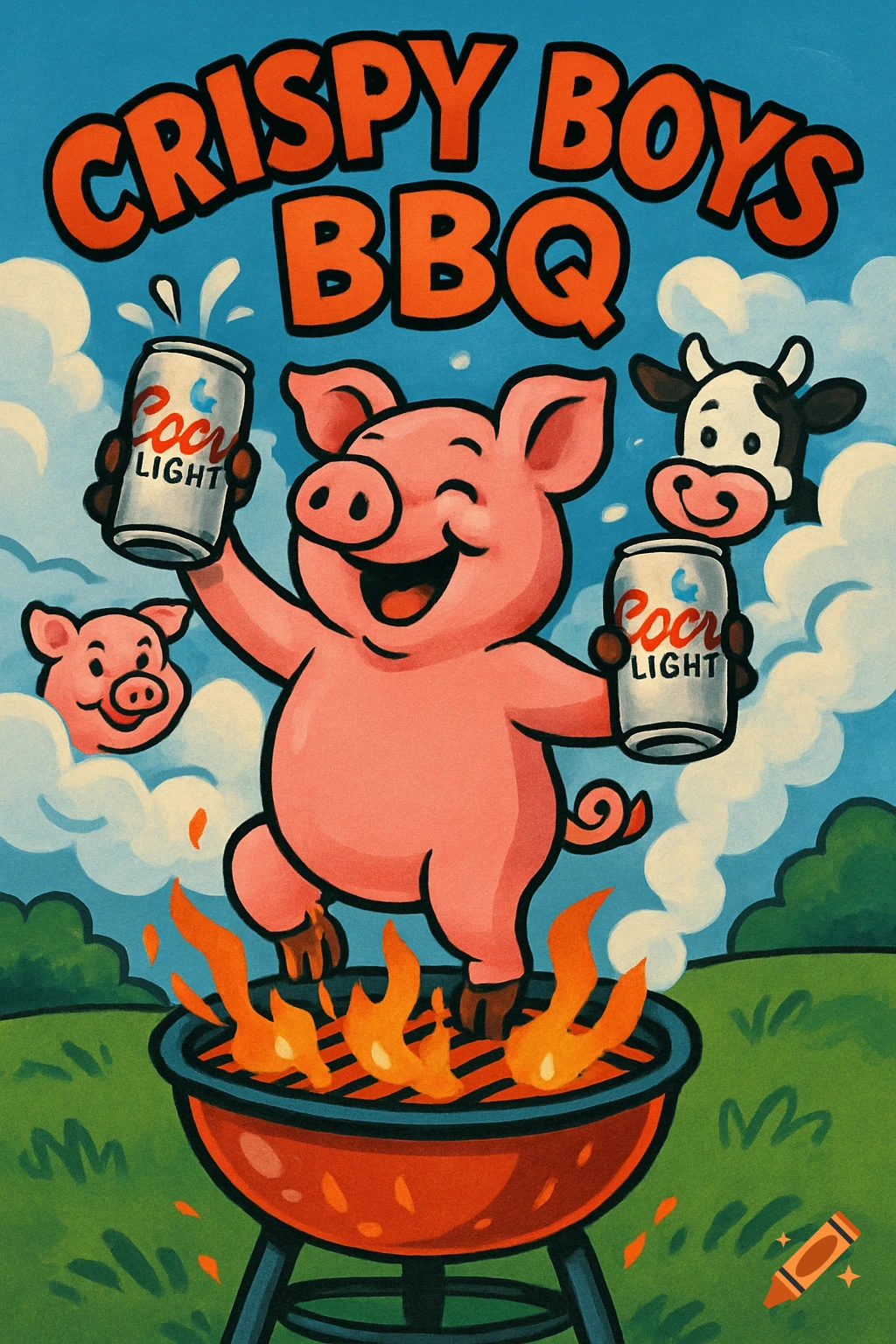 Cartoon pig on a BBQ grill holding two Coors Light cans, with 'CRISPY BOYS BBQ' text. A smaller pig and cow are in the background.
