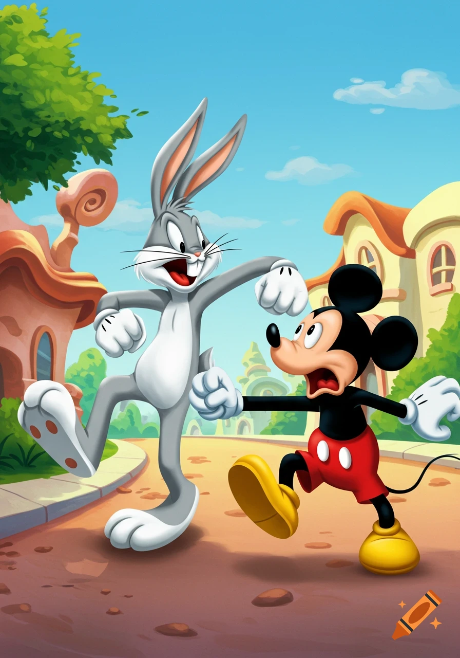 Bugs Bunny with a wide grin lunges towards a startled Mickey Mouse on a cartoon street.