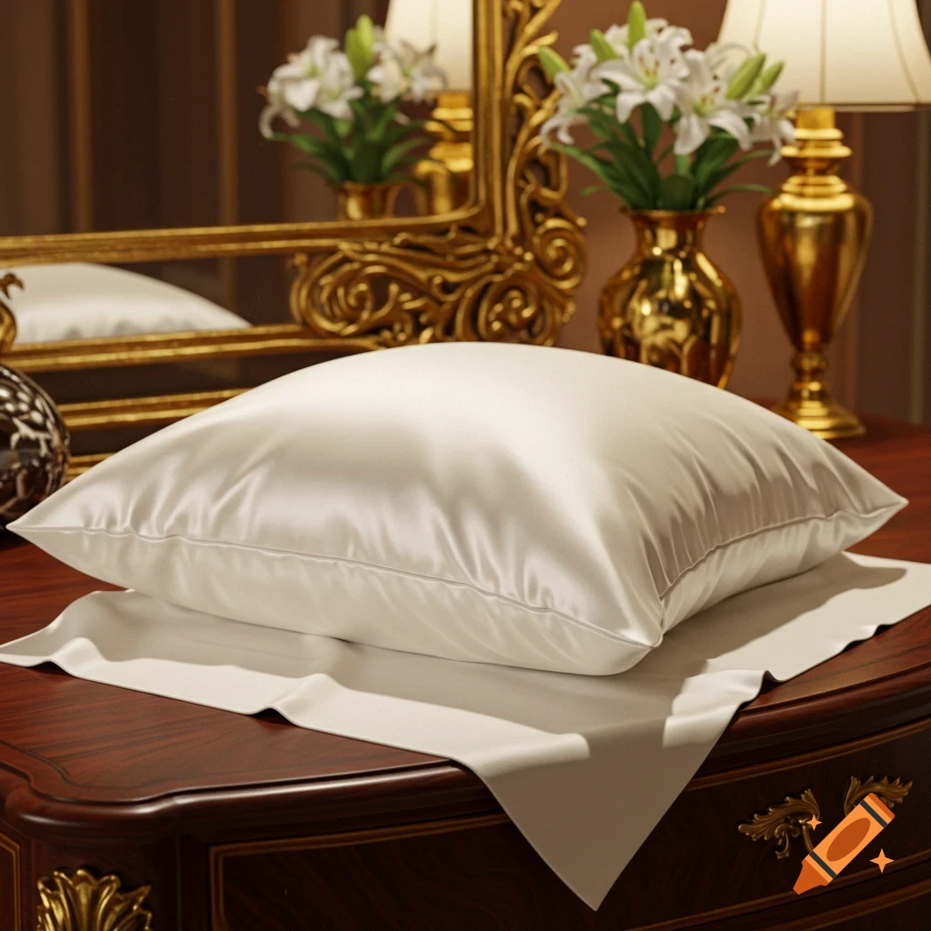 A luxurious white silk pillow and sheet on a polished wooden dresser, with a gold mirror and lamps in the background.