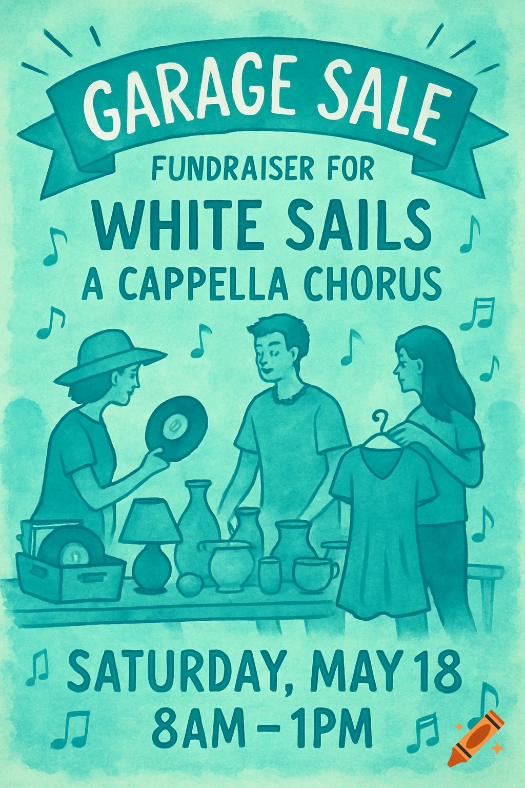 A stylized turquoise illustration poster for a garage sale fundraiser, featuring people browsing items and musical notes.