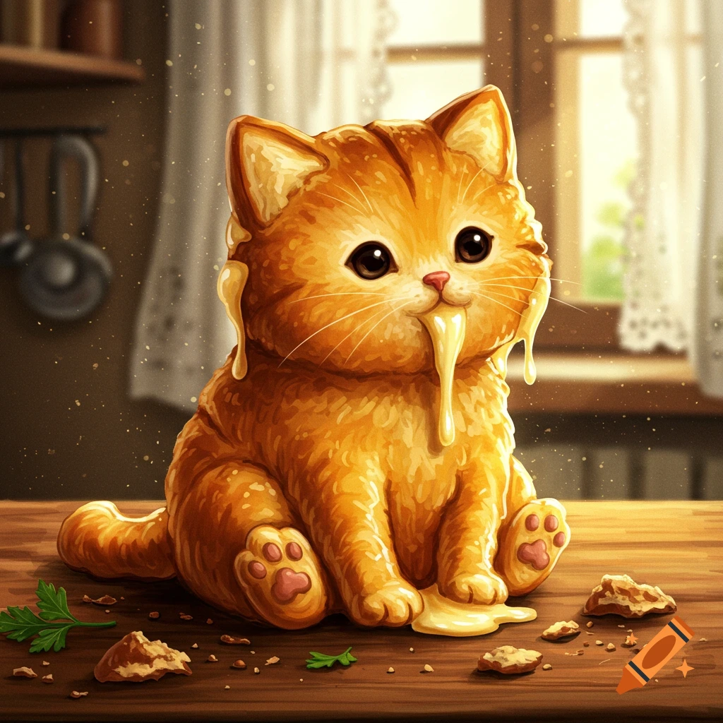 A cute, cartoonish orange kitten made of bread, covered in dripping melted cheese, sitting on a wooden table.