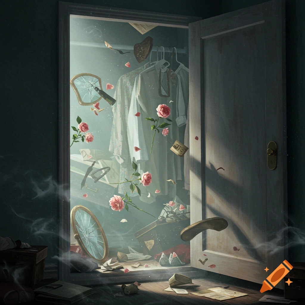 An open closet filled with floating clothes, broken mirrors, papers, and pink roses, bathed in soft light.