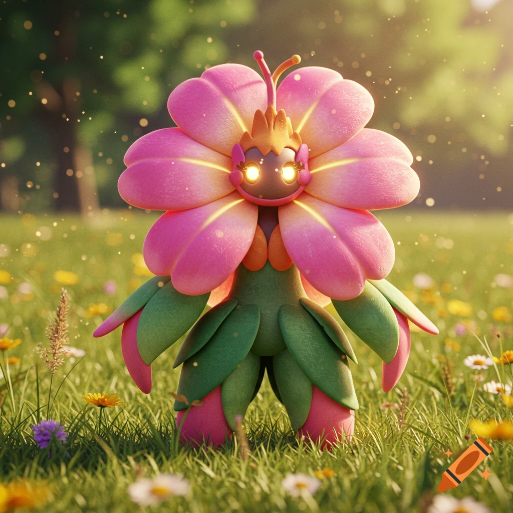 A cute, stylized flower creature with pink petals and glowing eyes stands in a sunny, grassy field.
