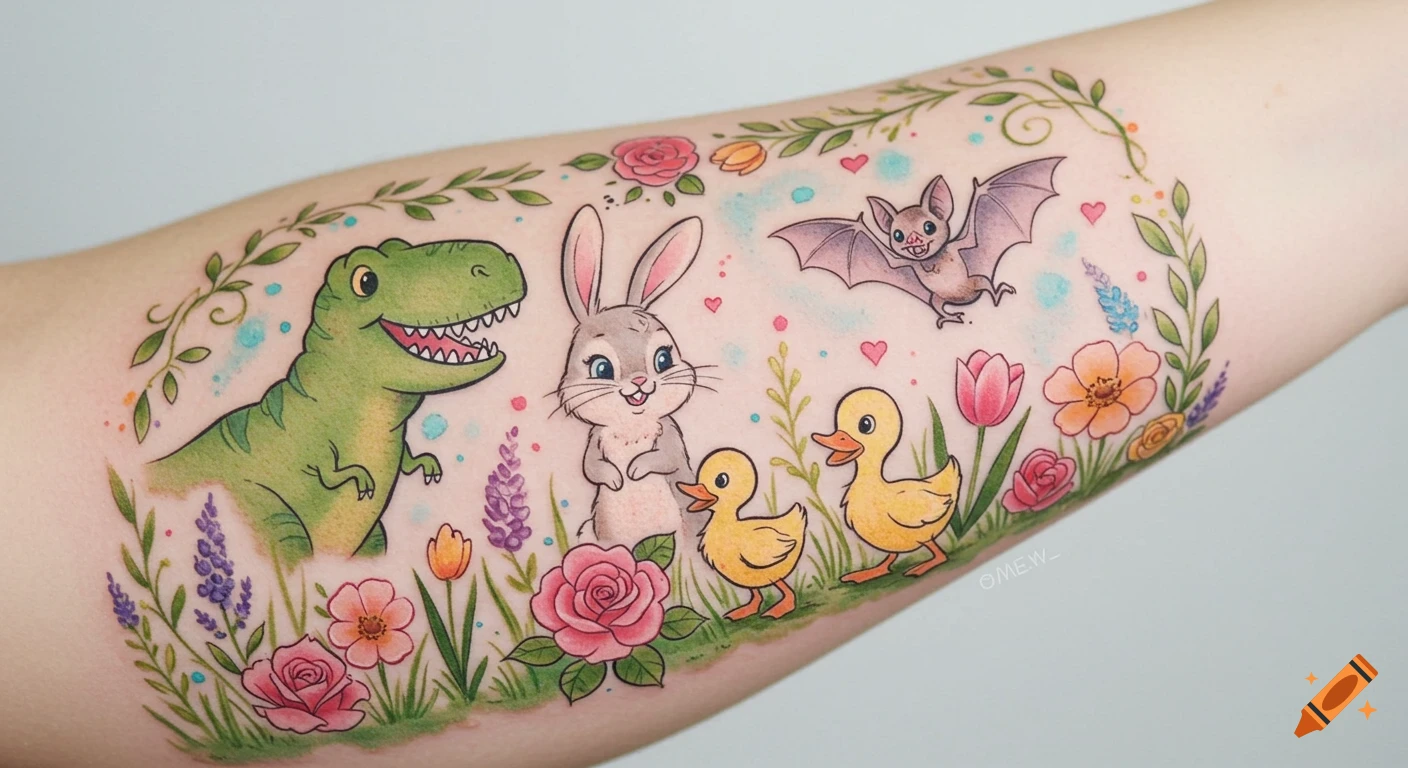 A colorful cartoon tattoo on an arm featuring a T-Rex, bunny, bat, and two ducklings among flowers and vines in a watercolor style.