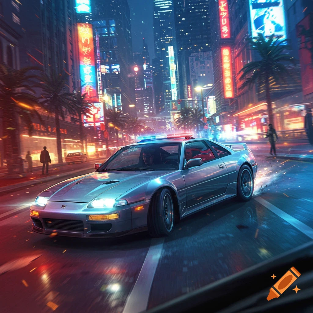 A silver police car with flashing lights speeds through a neon-lit cyberpunk city at night, with palm trees and skyscrapers in the background.