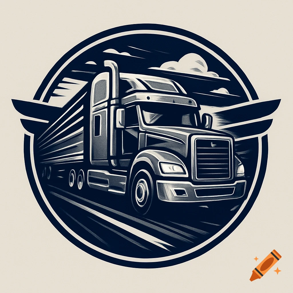 A stylized, monochromatic logo featuring a semi-truck driving at speed within a circular emblem.
