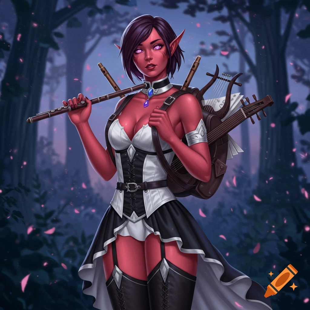 A red-skinned female elf with short dark hair and pink eyes, wearing a black and white corset dress, holding a flute, and carrying a lyre and lute in a forest.