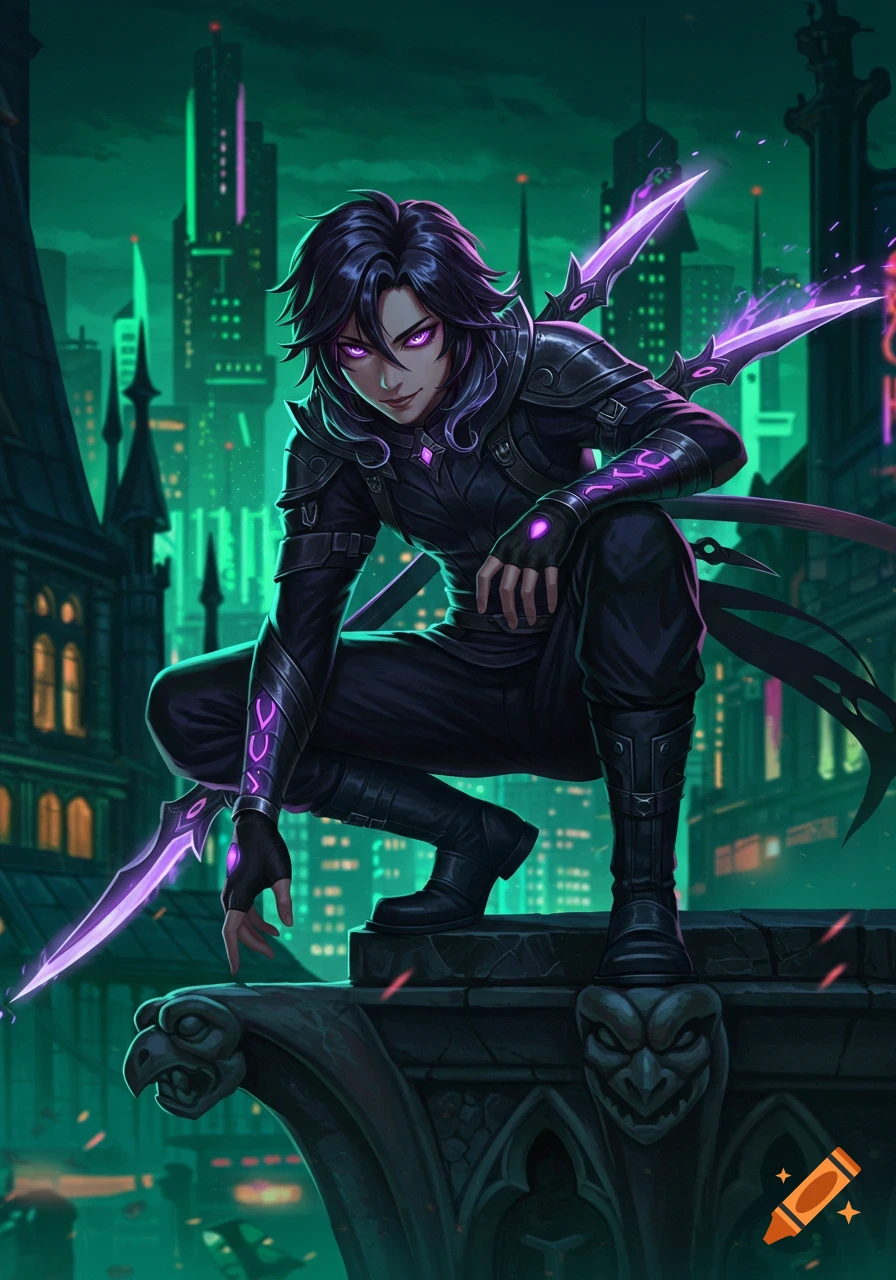 A male character with dark hair and glowing purple eyes, in dark armor with glowing accents, crouches on a gargoyle overlooking a neon city.