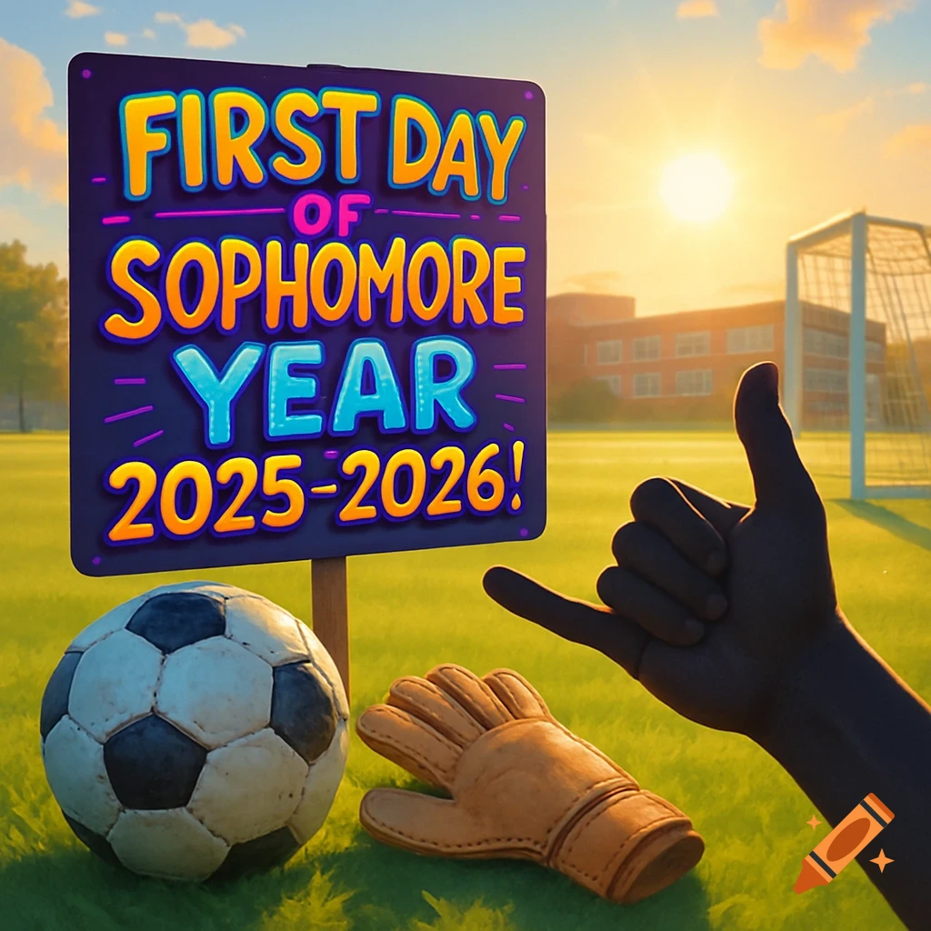 A vibrant 'First Day of Sophomore Year 2025-2026!' sign, soccer ball, goalie glove, and a hand making a hang loose gesture on a sunlit soccer field.