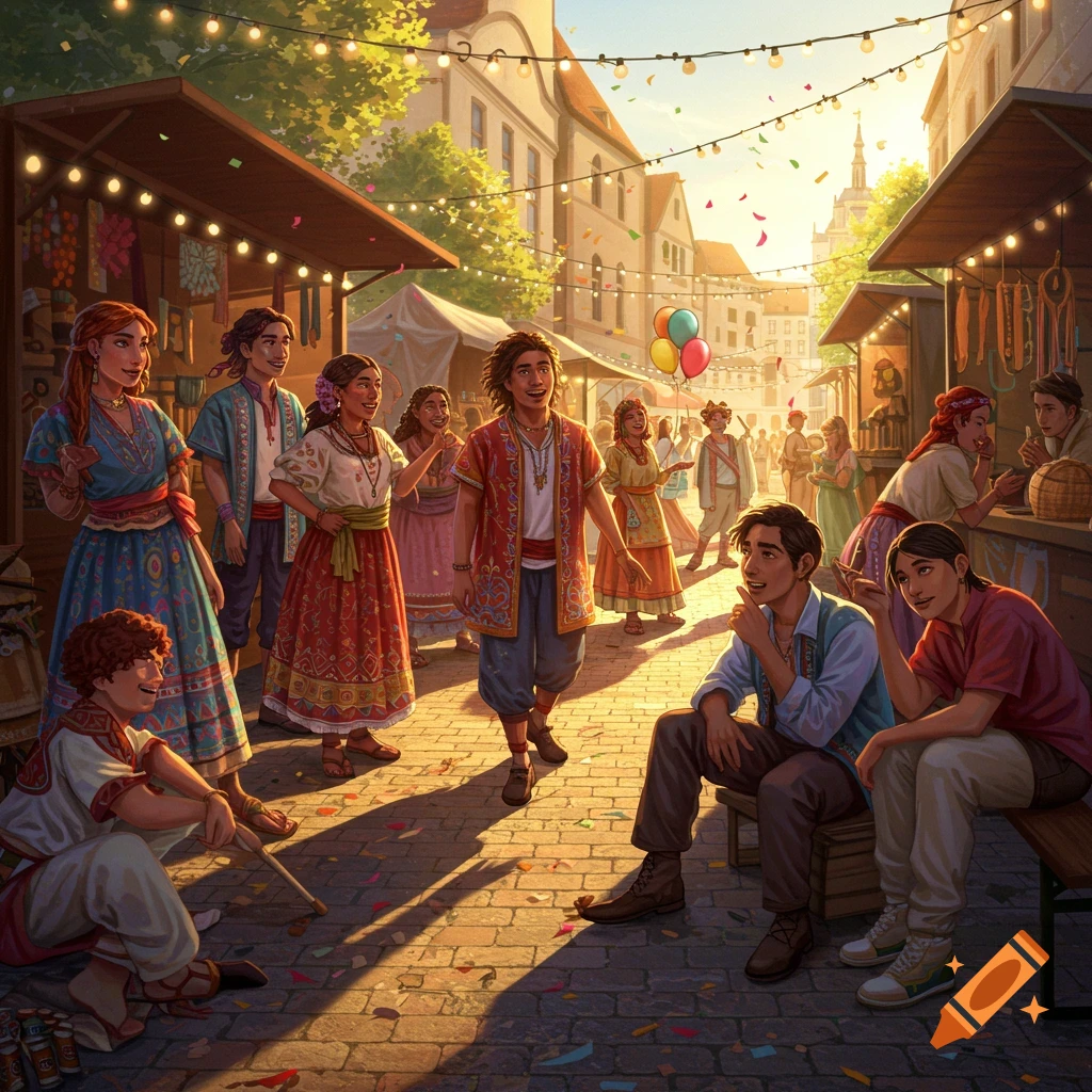 A vibrant illustration of a diverse group of people enjoying a sunny street market with stalls, balloons, and confetti.