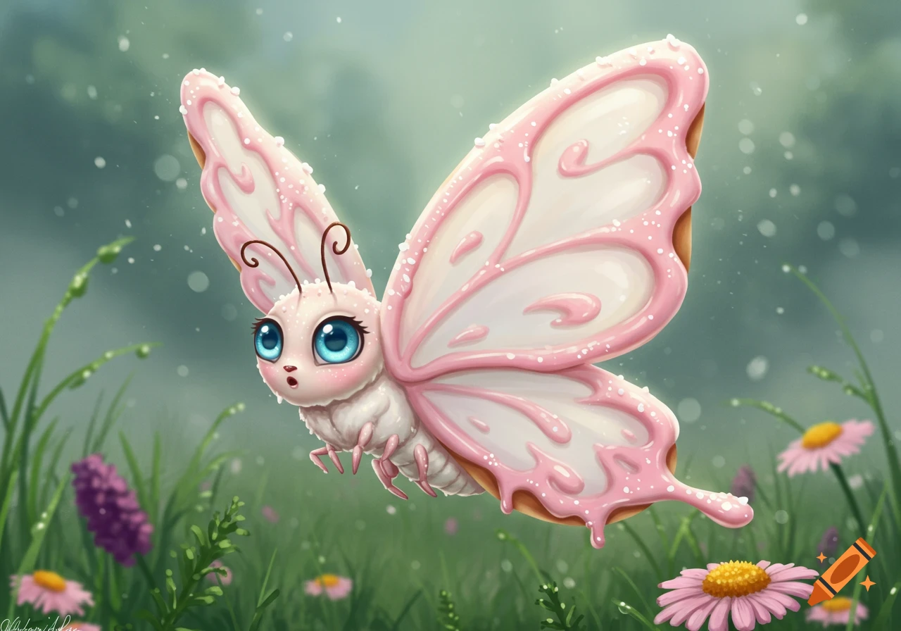 A cute cartoon butterfly with pink donut-like wings and big blue eyes flies over a grassy field with flowers.