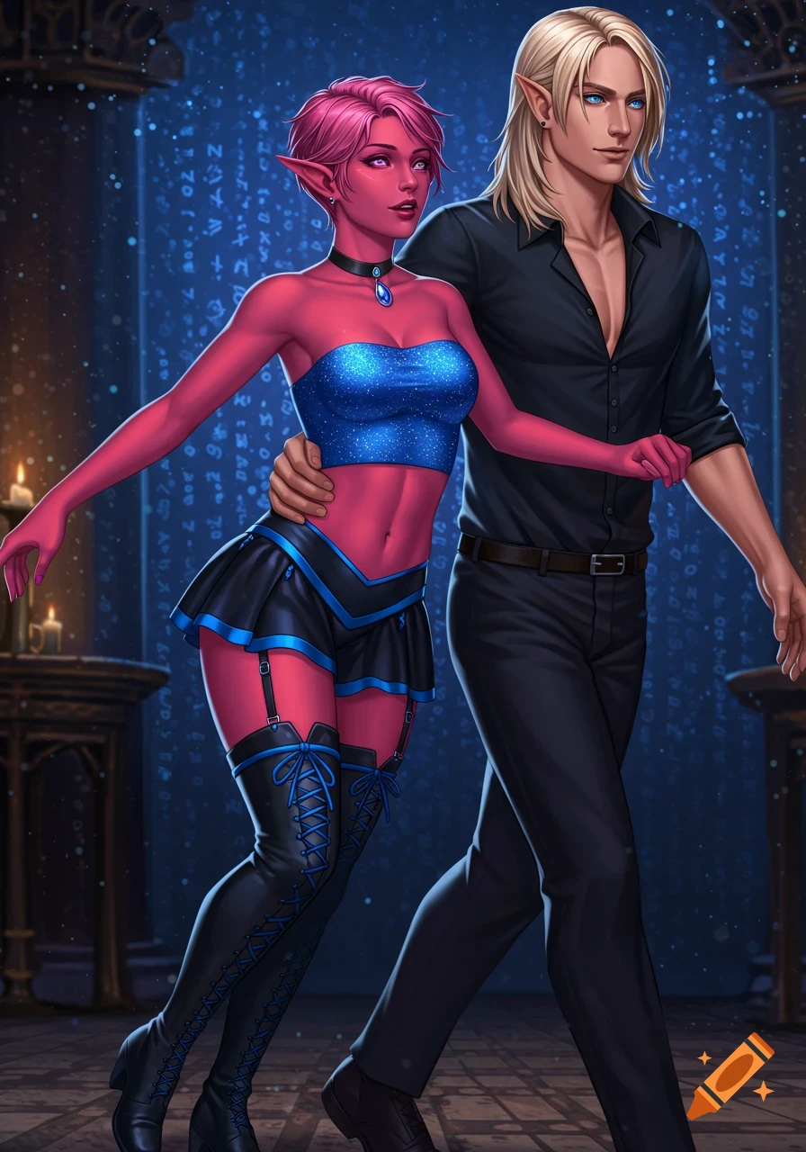 Digital art of a red-skinned elf woman in a sparkly blue top and a blond man walking together in a mystical, rune-filled room.