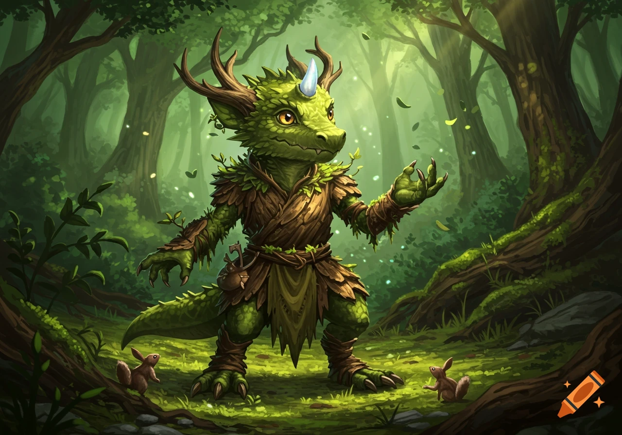 A green, dragon-like druid creature with antlers and a nose horn stands in a lush forest with two small squirrels.