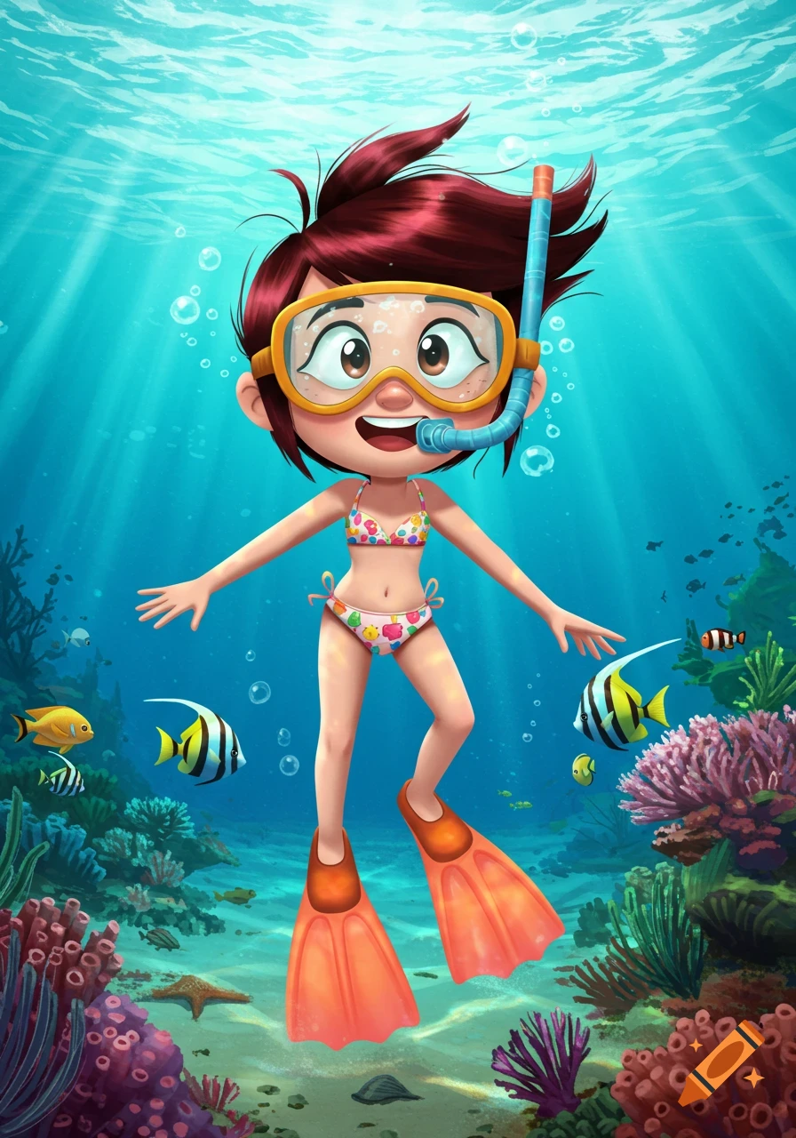 A cartoon of Molly McGee, a girl with red hair, snorkeling underwater in a bikini, surrounded by colorful fish and coral.
