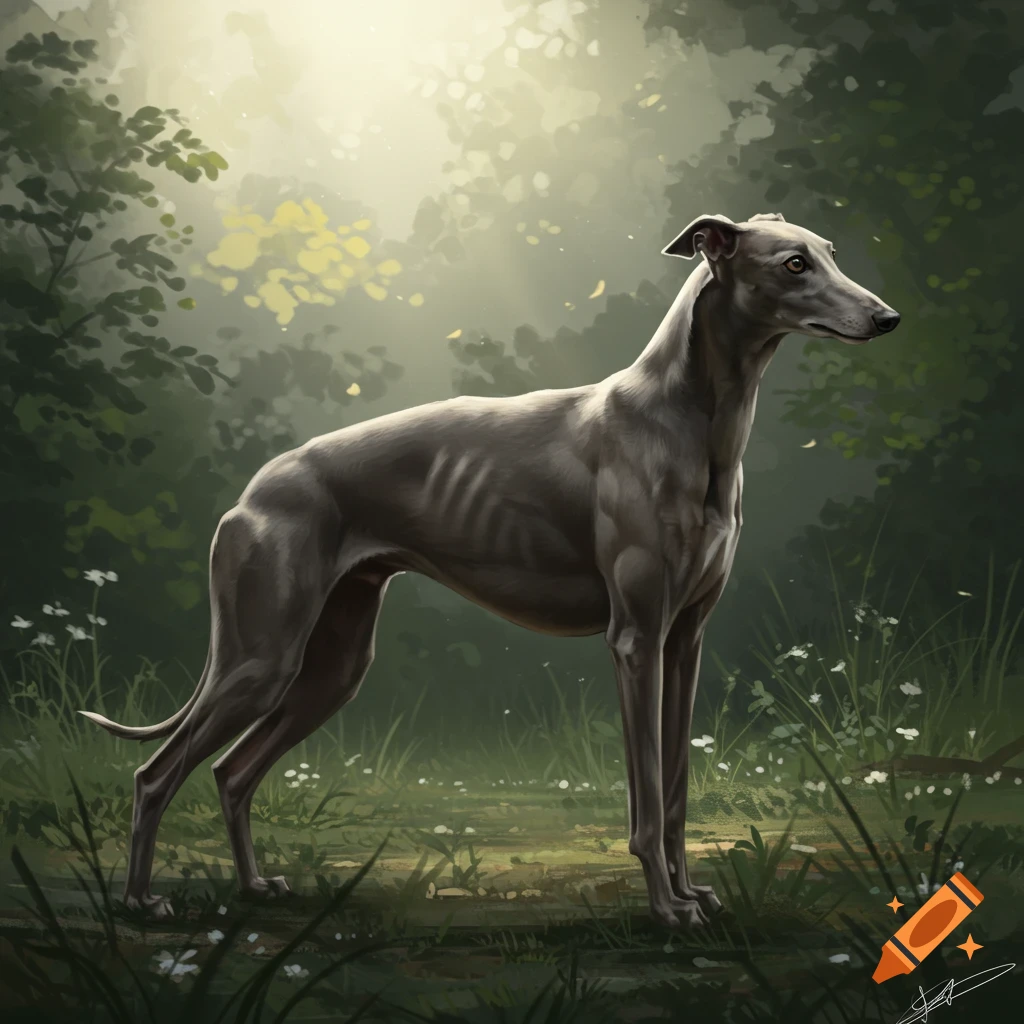 A slender greyhound stands alert in a sun-dappled forest, digital painting.