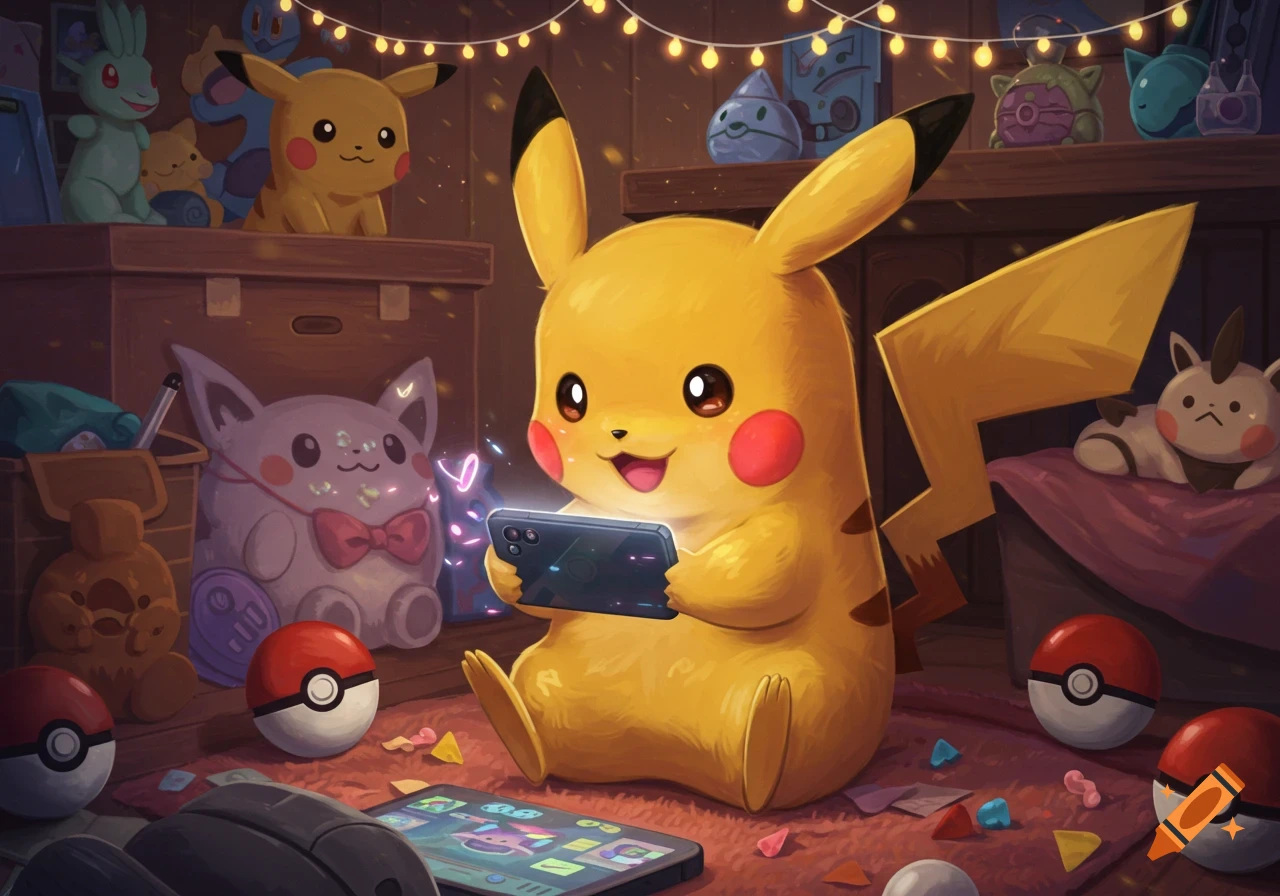 A cheerful, cartoonish Pikachu sits indoors, looking at a phone in its paws, surrounded by other Pokémon plush toys and Poké Balls under string lights.