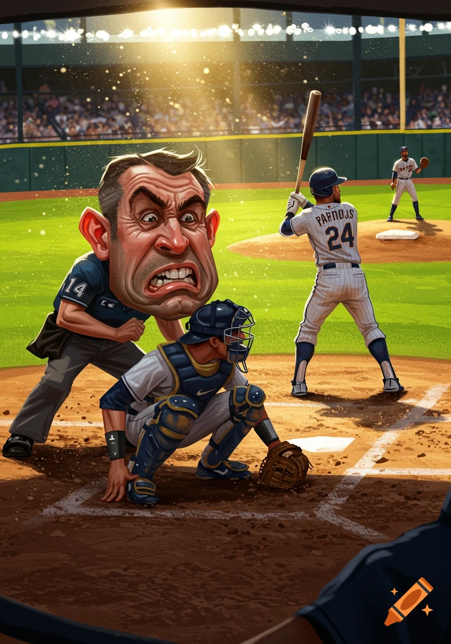 A humorous cartoon of a baseball game, with a wincing umpire and catcher behind a batter with the number 24 on his jersey.