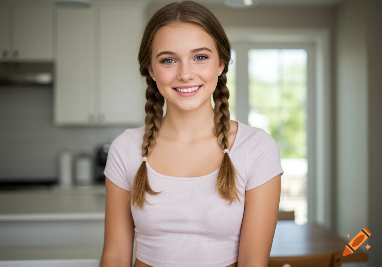 Smiling young woman with two braids in a light pink top, standing in a blurred kitchen.
