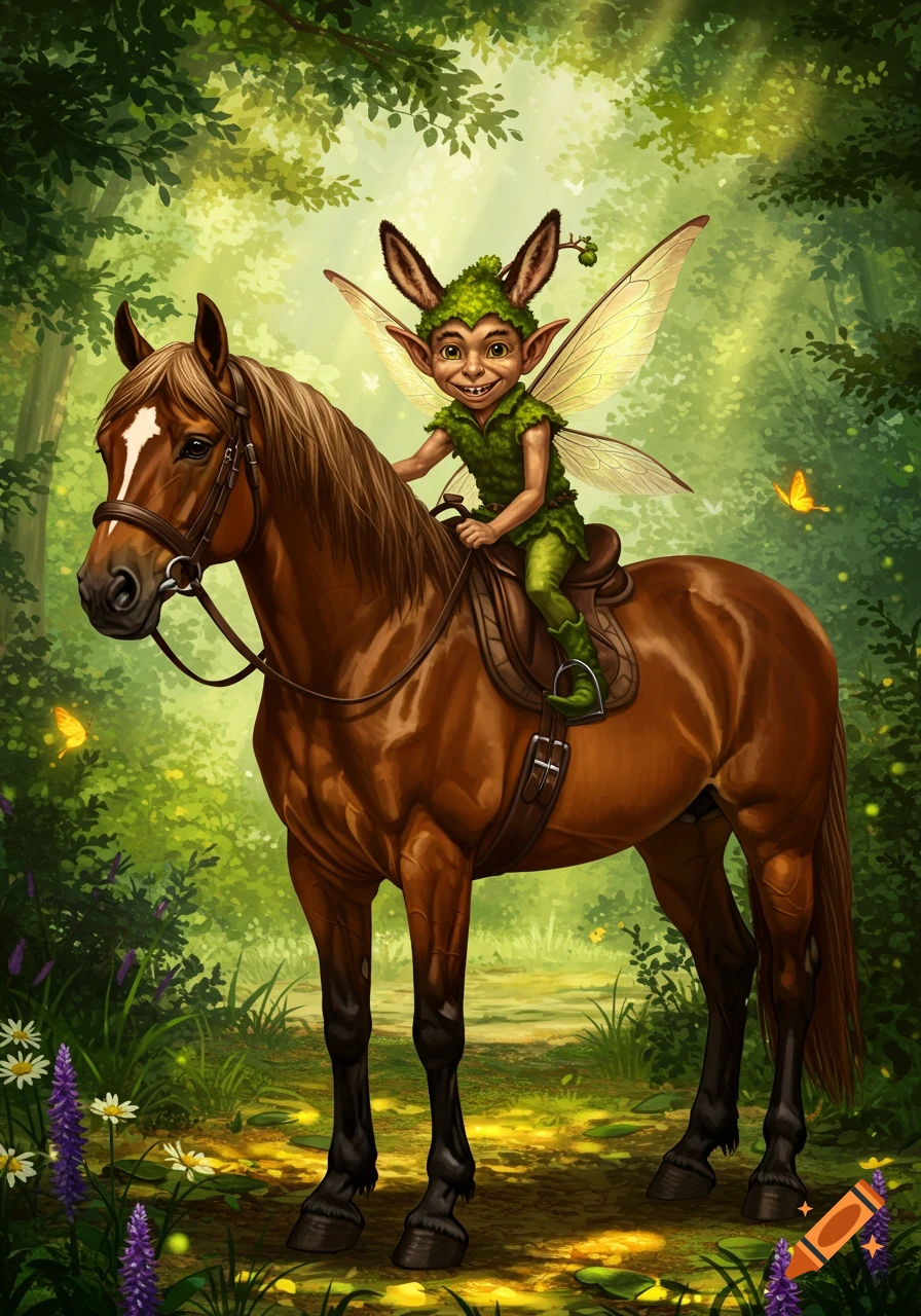 A whimsical, green-clad piskey with wings and large ears rides a brown horse through a vibrant, sun-dappled forest.