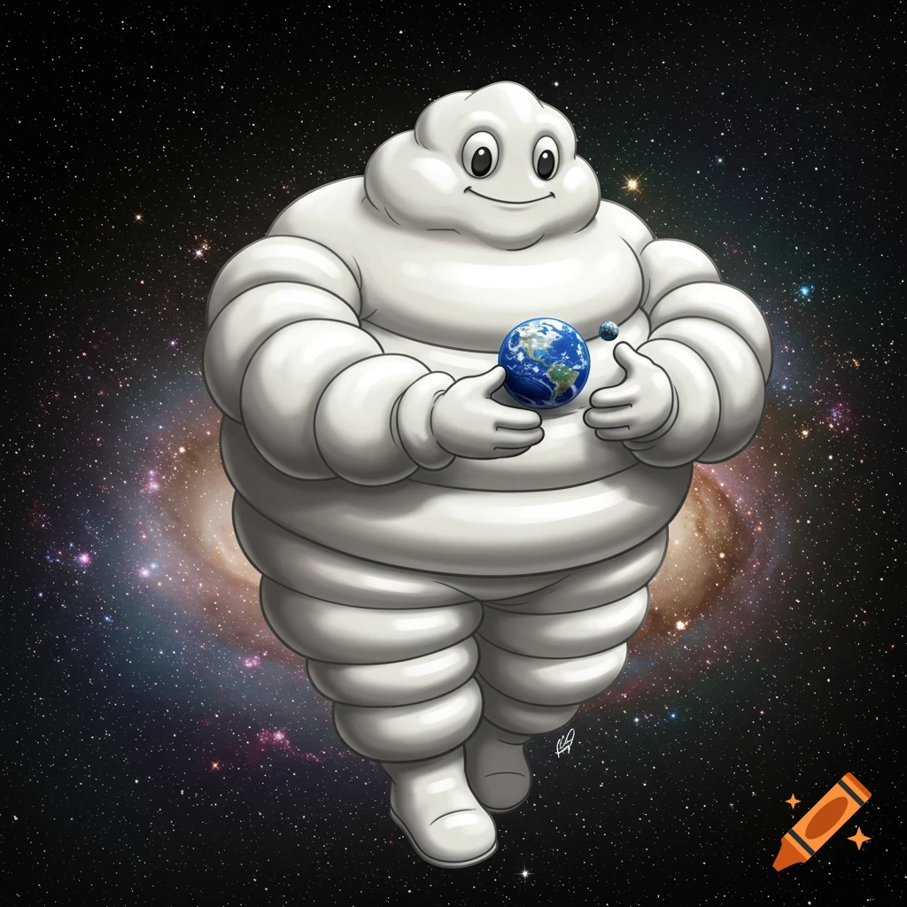 The Michelin Man, a white puffy character, smiles while holding a tiny planet Earth and a moon in outer space.