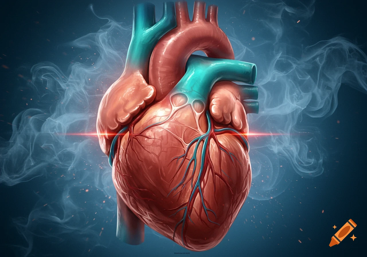 Stylized human heart with major vessels in red and blue, glowing with a red line and surrounded by smoke on a dark blue background.