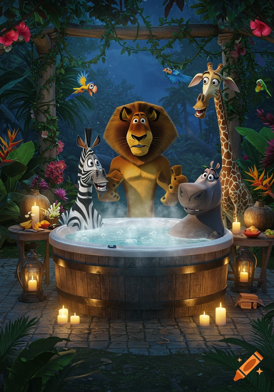 Alex, Marty, Melman, and Gloria from Madagascar relax in a candlelit wooden hot tub in a lush jungle at night, 3D animated style.
