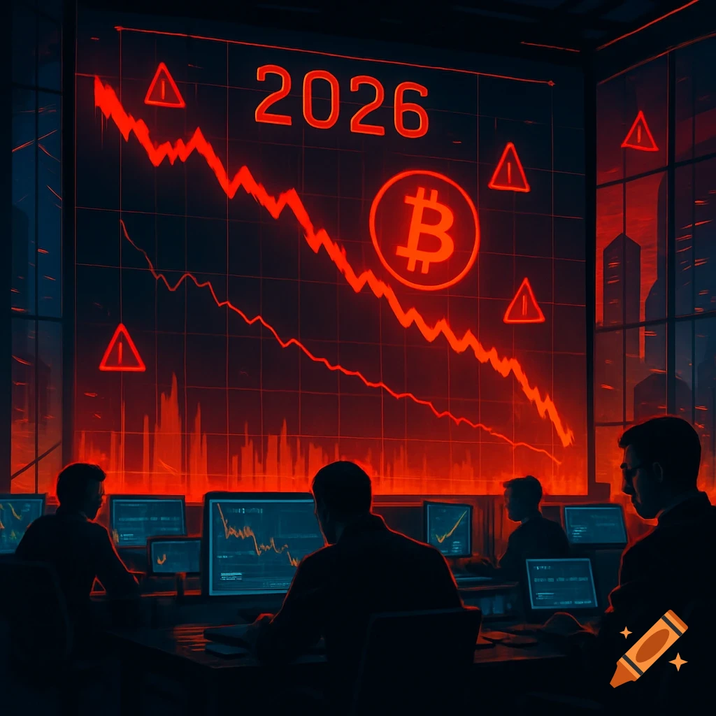 Silhouetted people in an office watch a large red screen showing a crashing market graph with '2026' and a Bitcoin symbol.