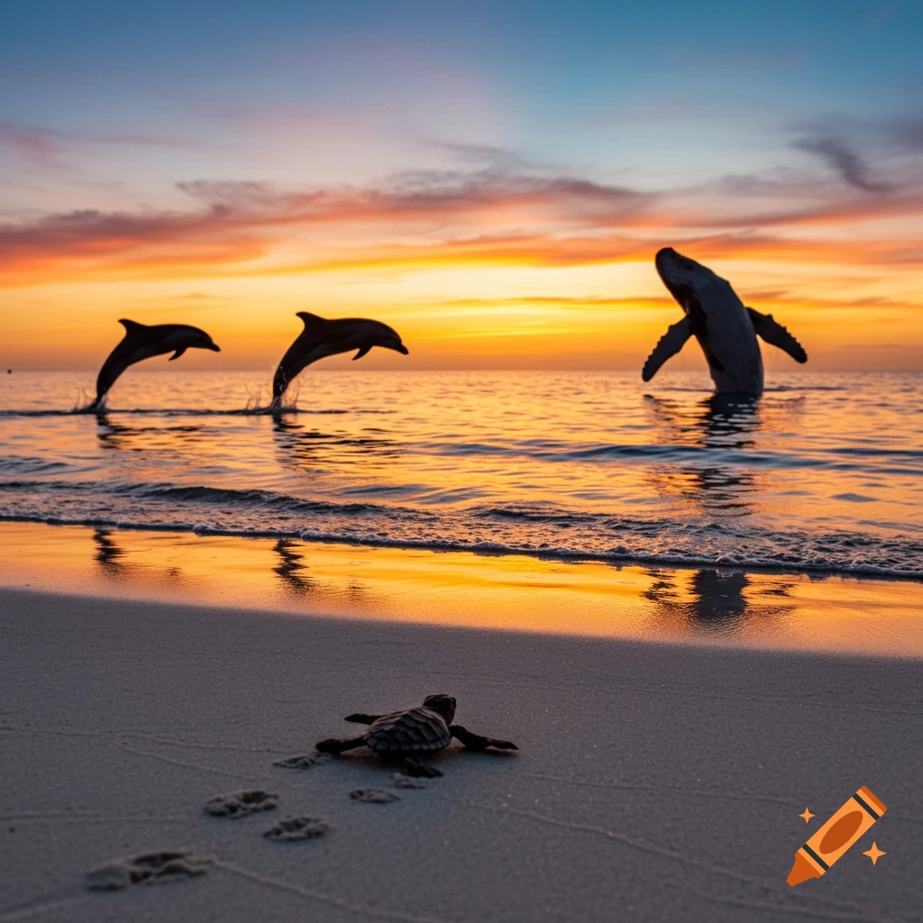 Photorealistic image of a turtle hatchling on the beach, two dolphins jumping, and a whale breaching in the ocean at sunset.