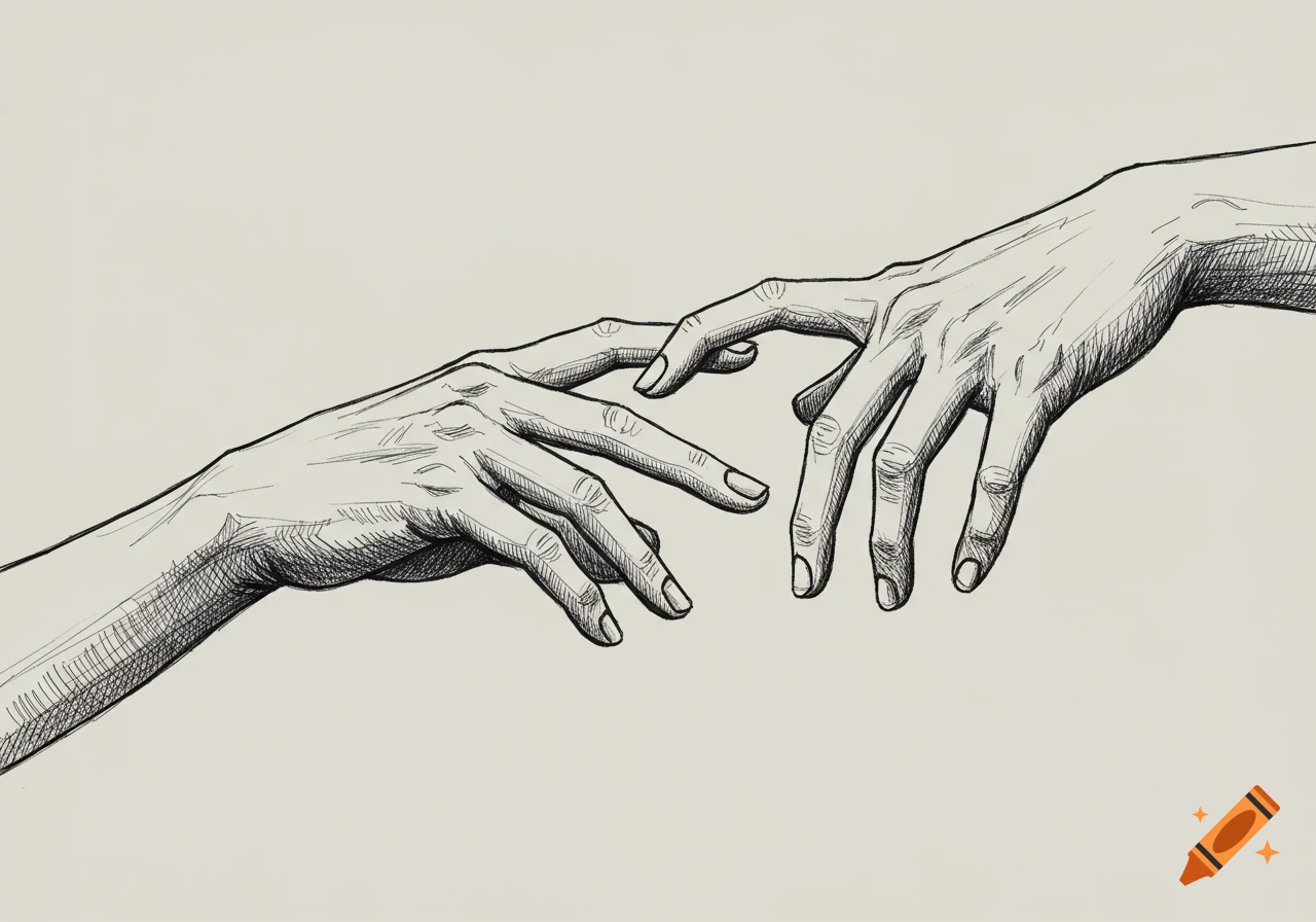 Detailed pen sketch showing two hands with fingertips gently touching, set against a plain background.