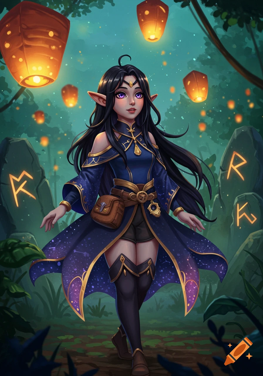 A dark-haired elf with purple eyes and a star-patterned blue cloak walks through a magical forest with glowing lanterns and runic stones.